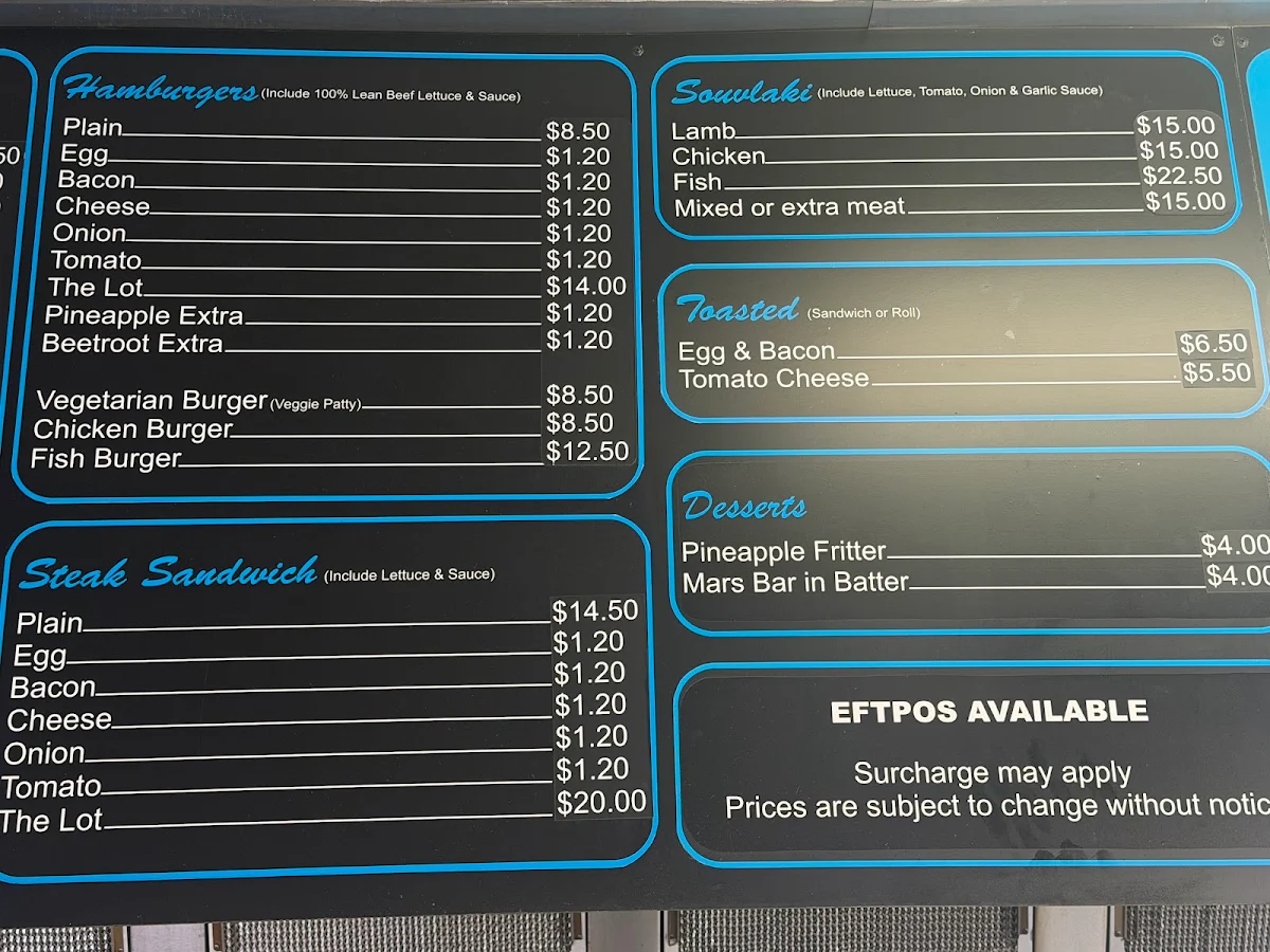 Menu, Coonan's hill fish and chips