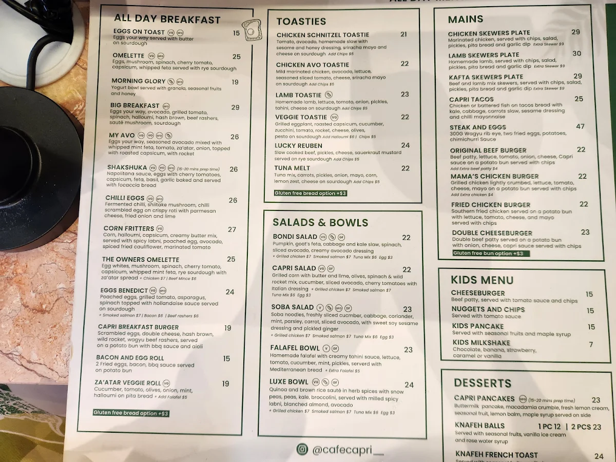 Menu, Cafe Capri
