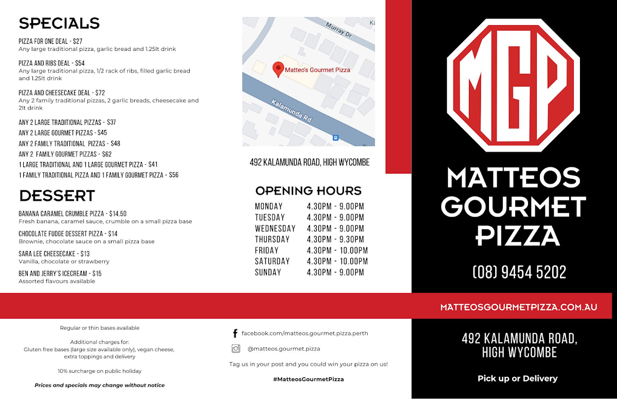 Menu, Matteo's Gourmet Pizza