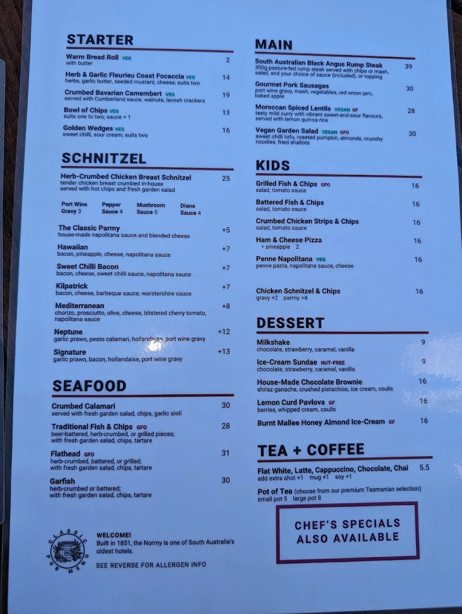Menu, The Normanville Hotel