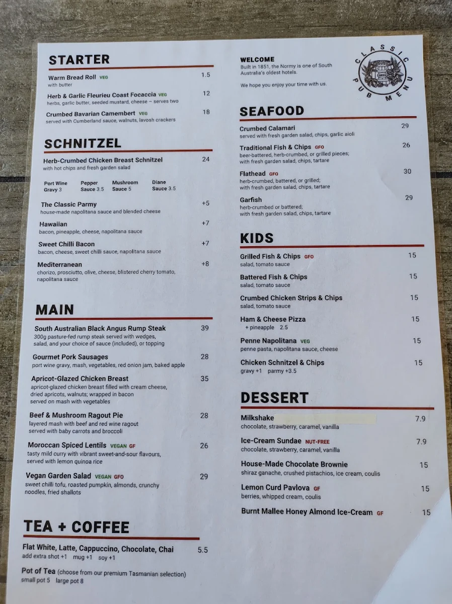 Menu, The Normanville Hotel