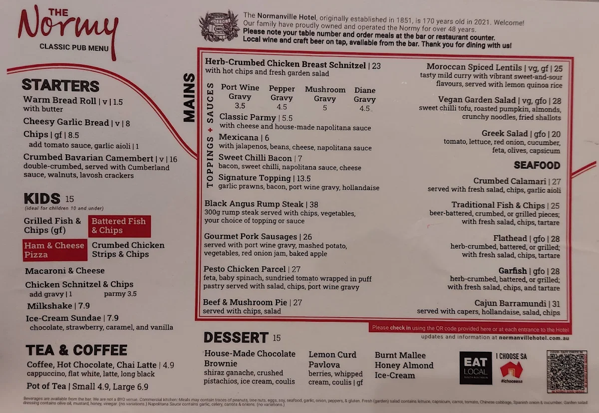 Menu, The Normanville Hotel