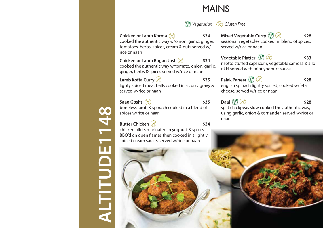 Menu, Altitude 1148 Dining