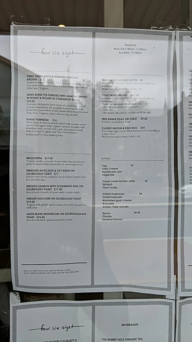 Menu, Four Six Eight Cafe