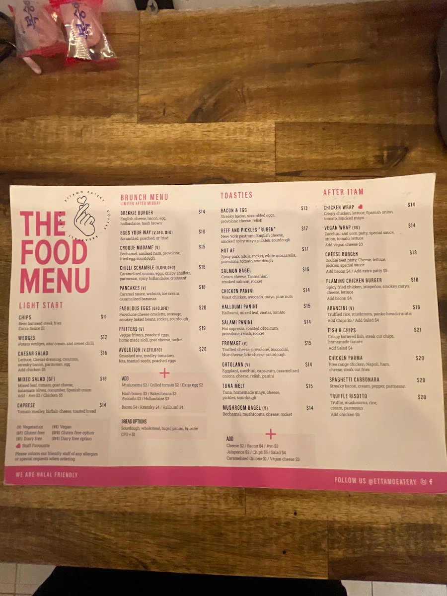 Menu, Ettamo Eatery