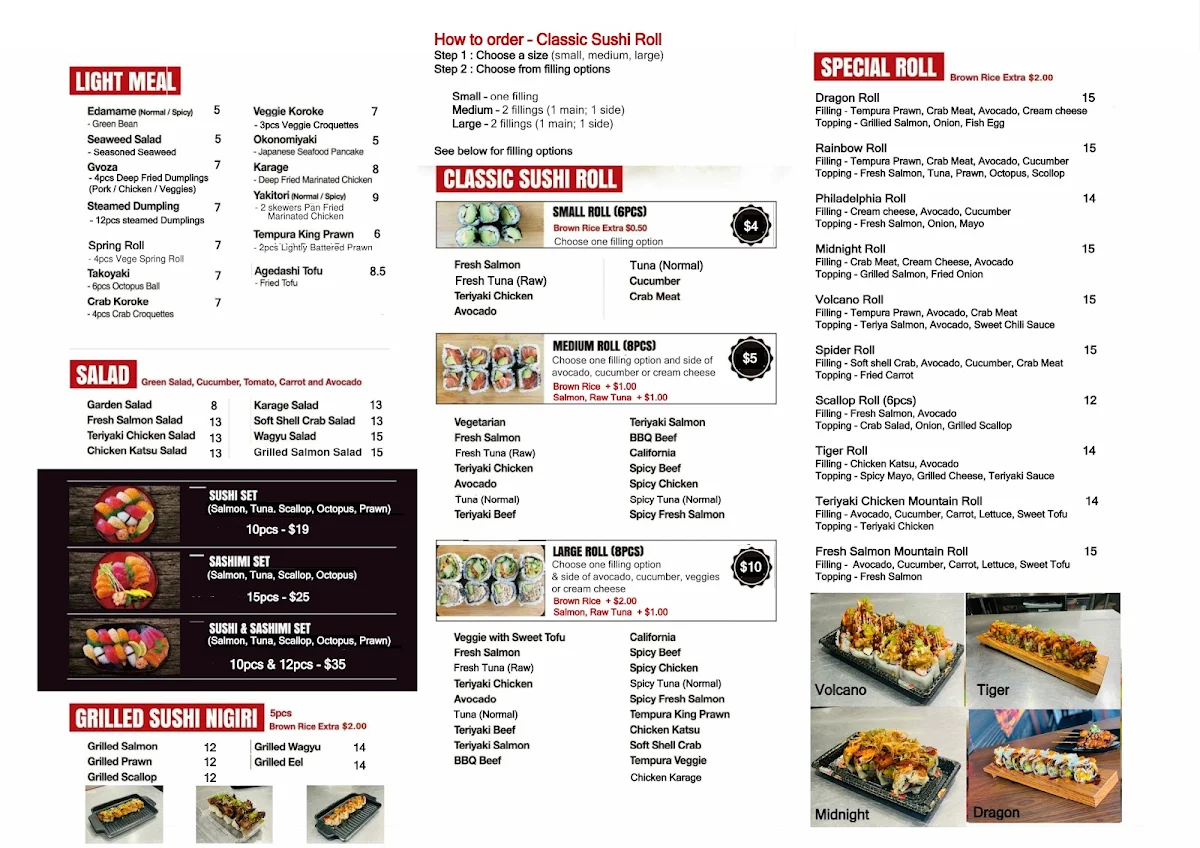Menu, OYA SUSHI