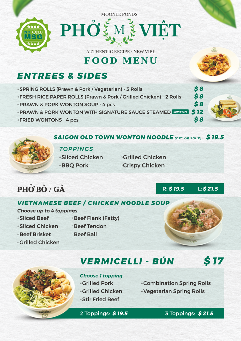Menu, Pho M Viet (Moonee Ponds)