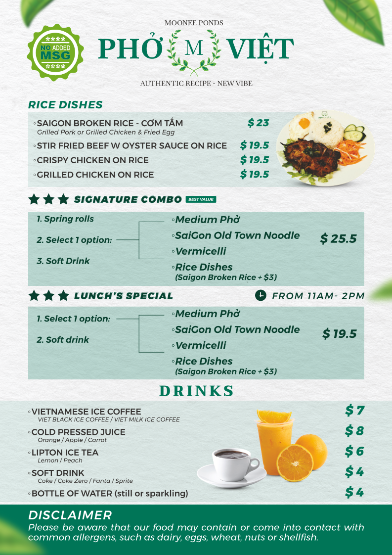 Menu, Pho M Viet (Moonee Ponds)
