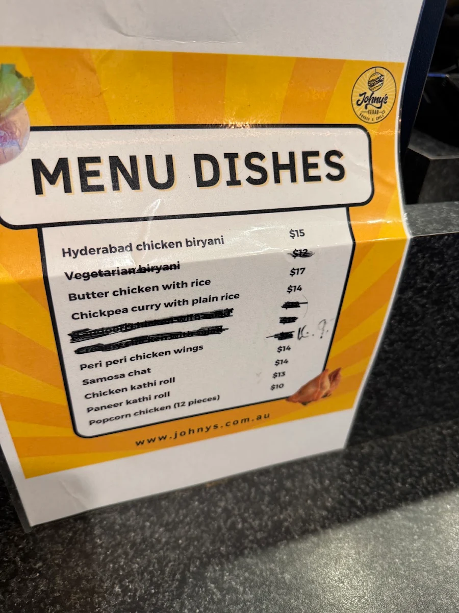 Menu, JOHNY’S KEBAB BURGER & GRILL