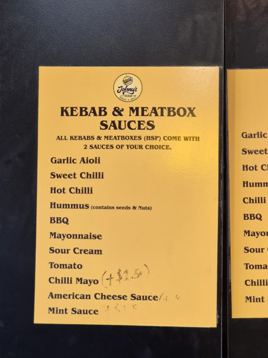 Menu, JOHNY’S KEBAB BURGER & GRILL