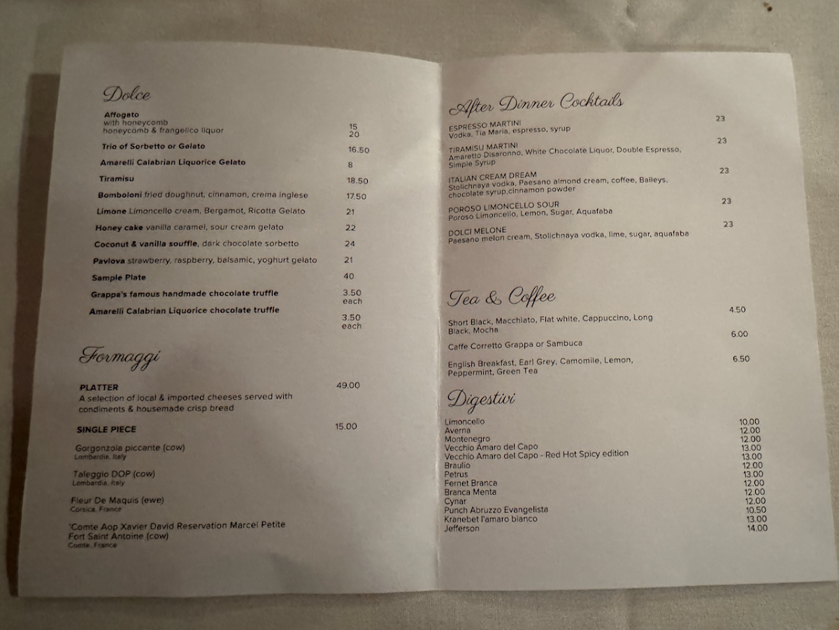 Menu, Grappa Ristorante e Bar