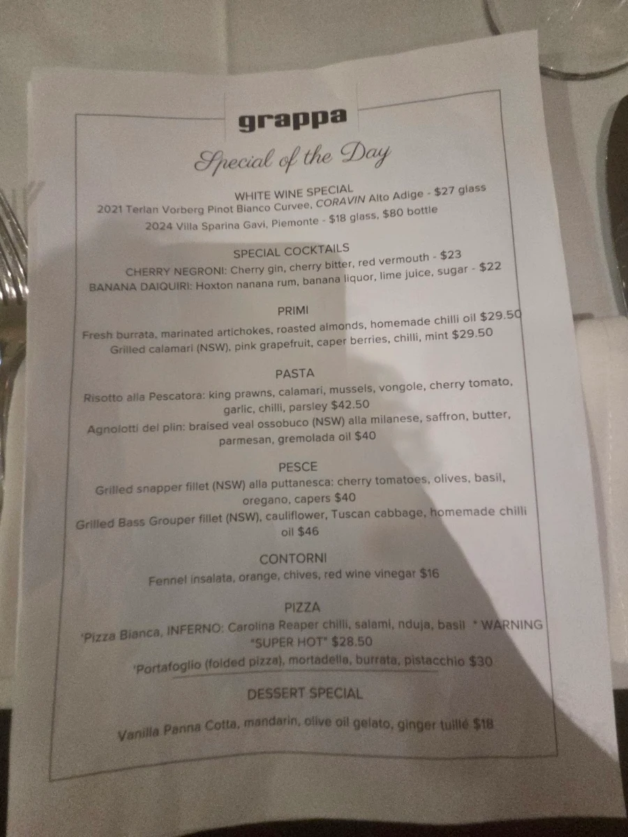 Menu, Grappa Ristorante e Bar