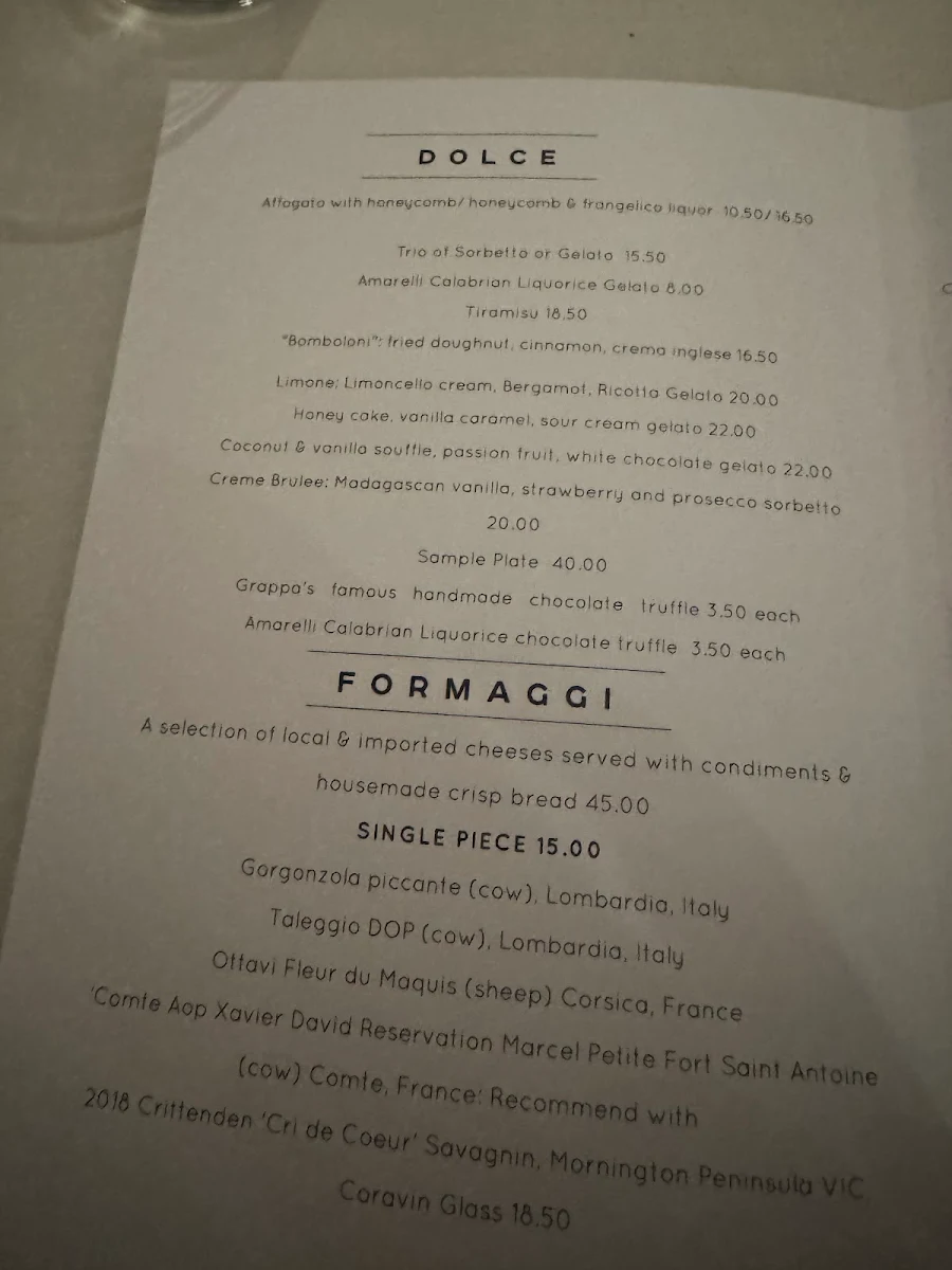 Menu, Grappa Ristorante e Bar