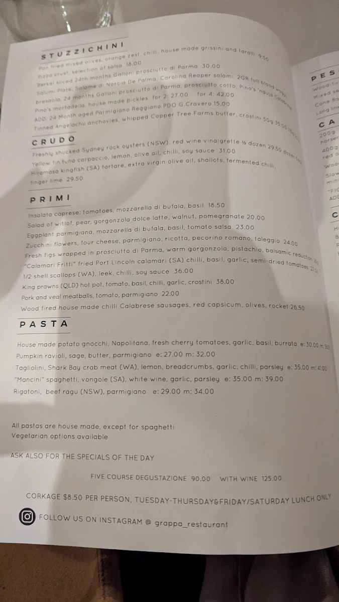 Menu, Grappa Ristorante e Bar