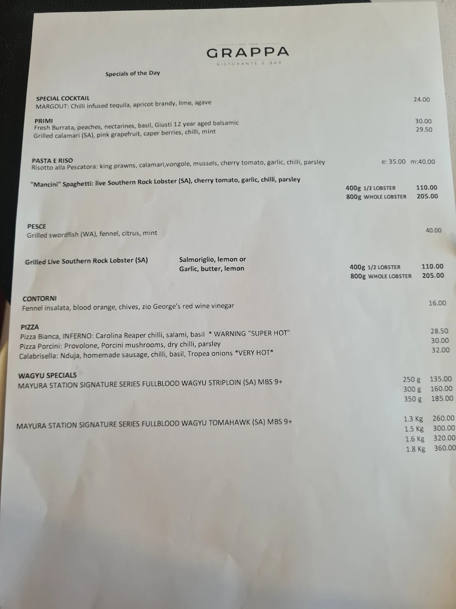 Menu, Grappa Ristorante e Bar