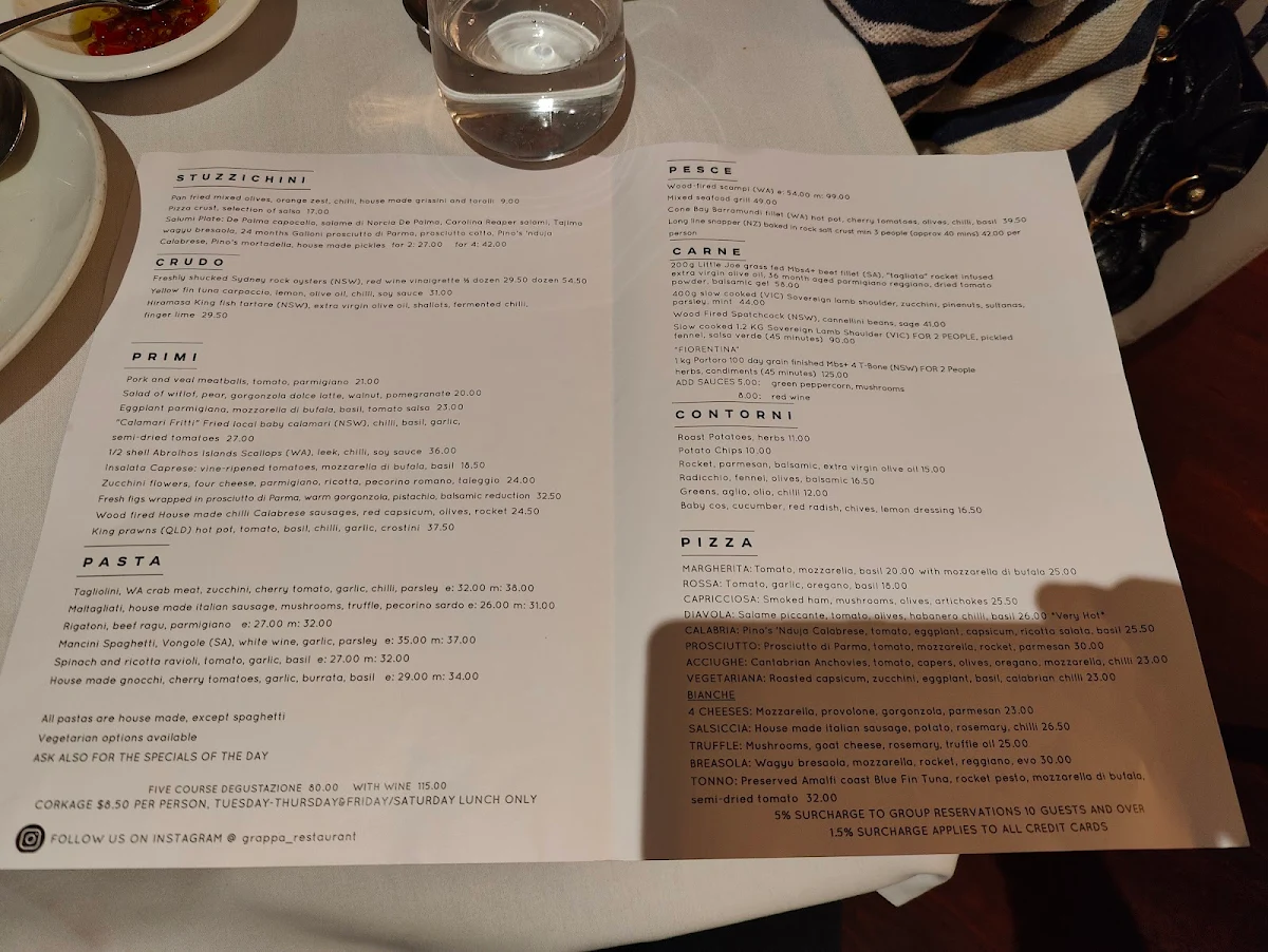 Menu, Grappa Ristorante e Bar