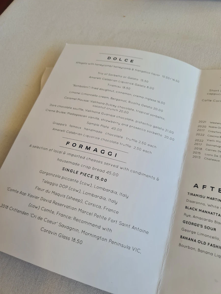Menu, Grappa Ristorante e Bar