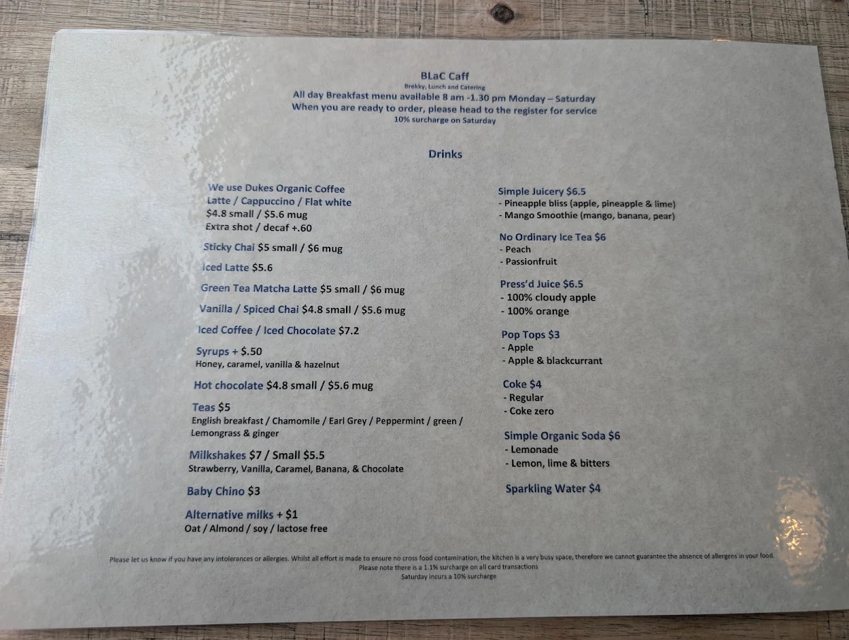 Menu, BLaC Caff