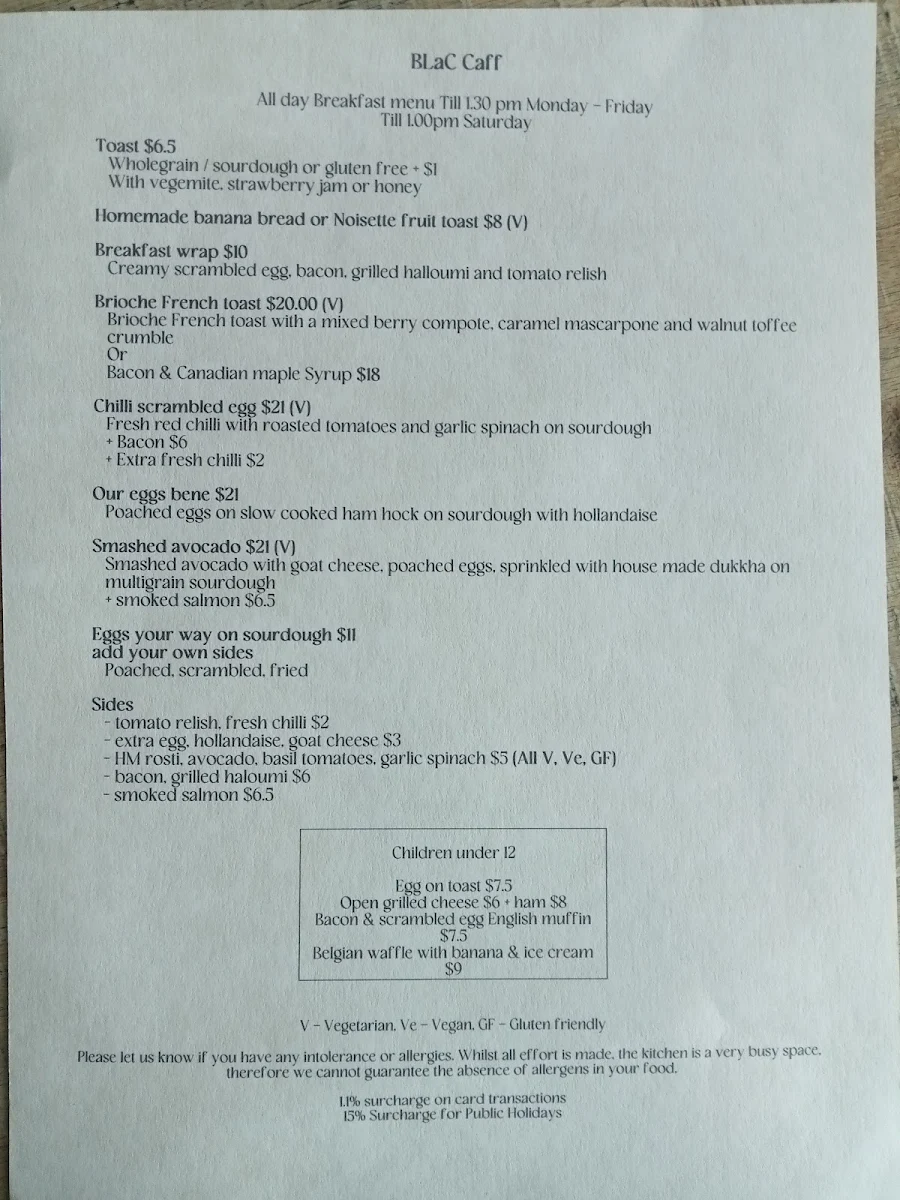Menu, BLaC Caff