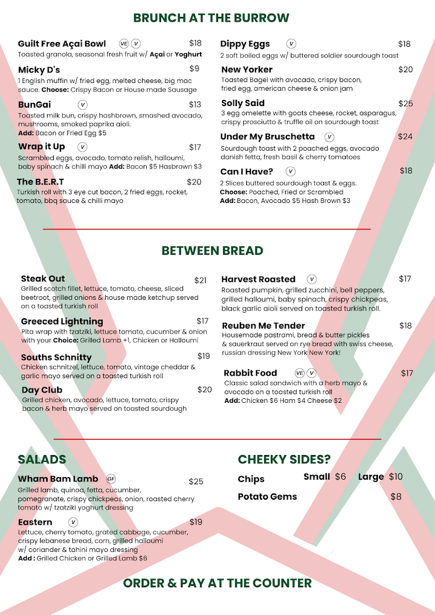 Menu, The Burrow Cafe