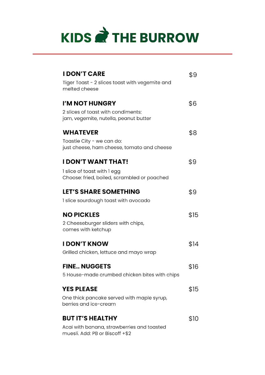 Menu, The Burrow Cafe