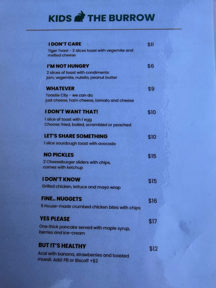Menu, The Burrow Cafe