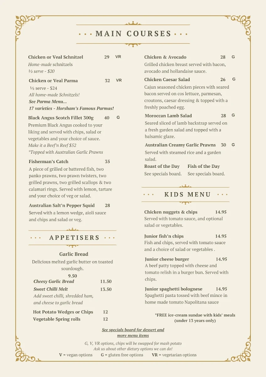 Menu, Royal Hotel