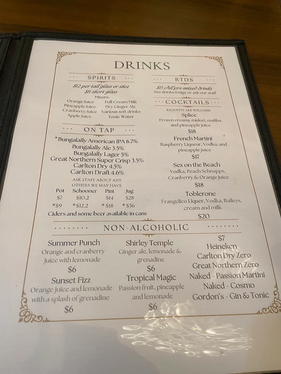 Menu, Royal Hotel