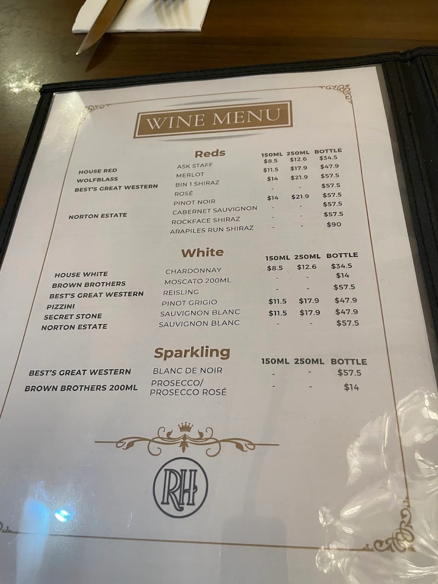 Menu, Royal Hotel