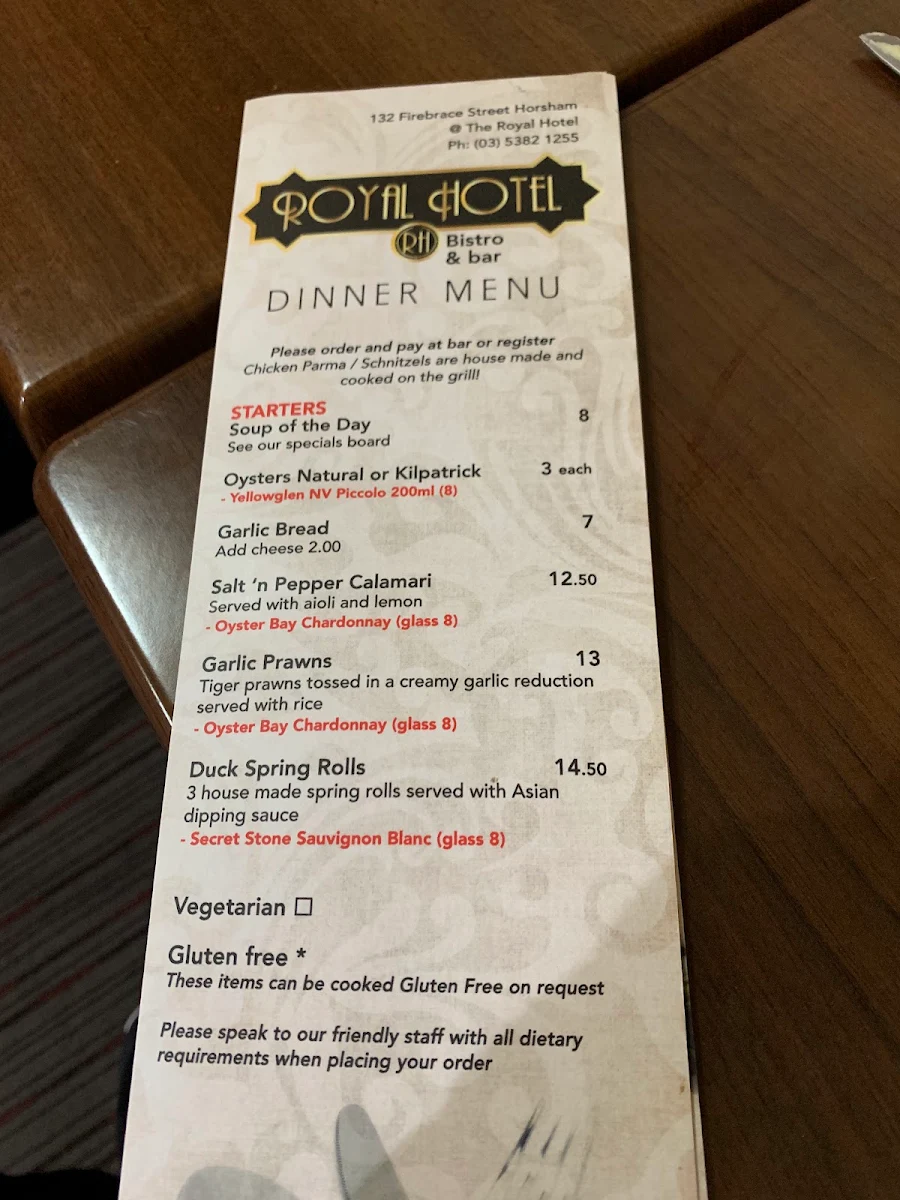 Menu, Royal Hotel