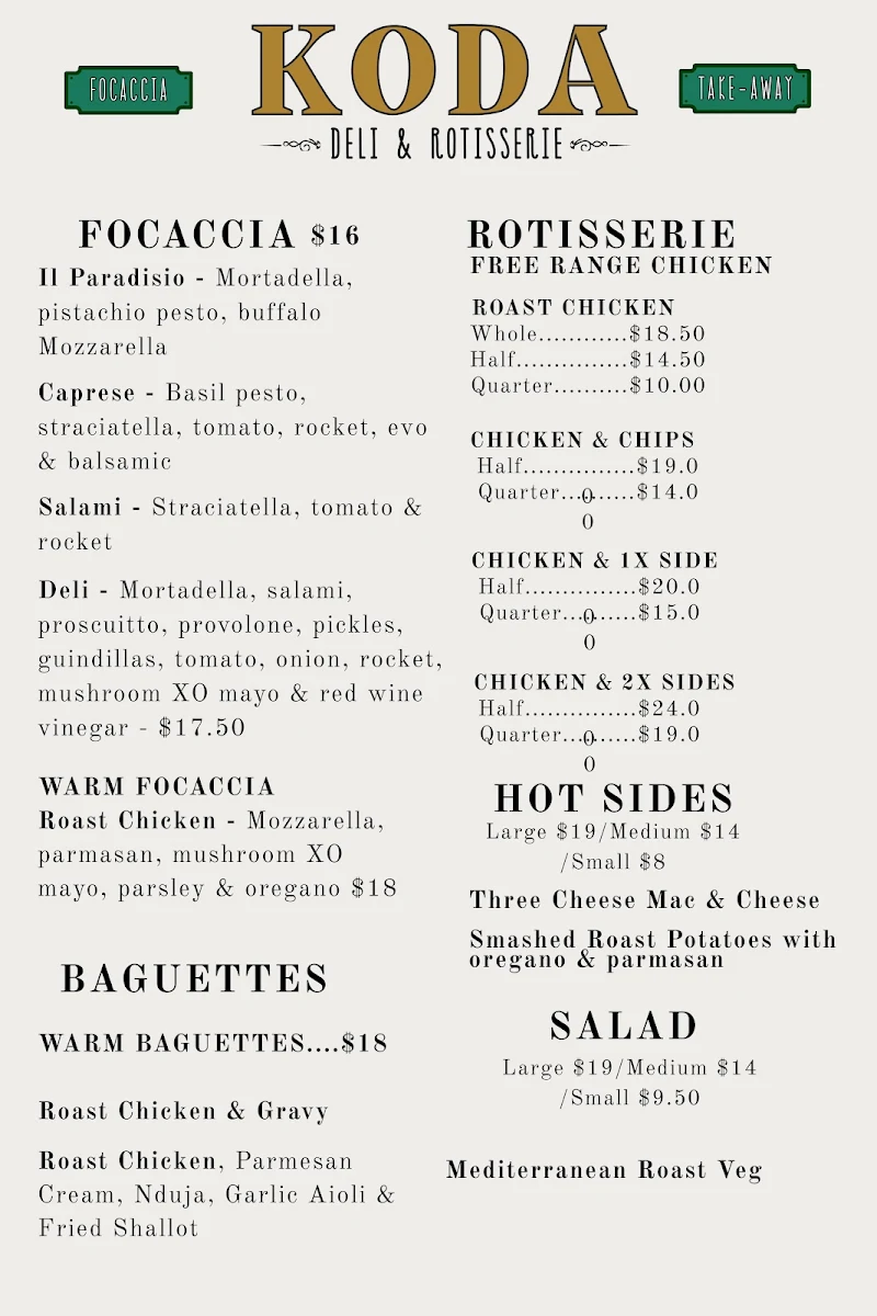 Menu, Koda Deli & Rotisserie