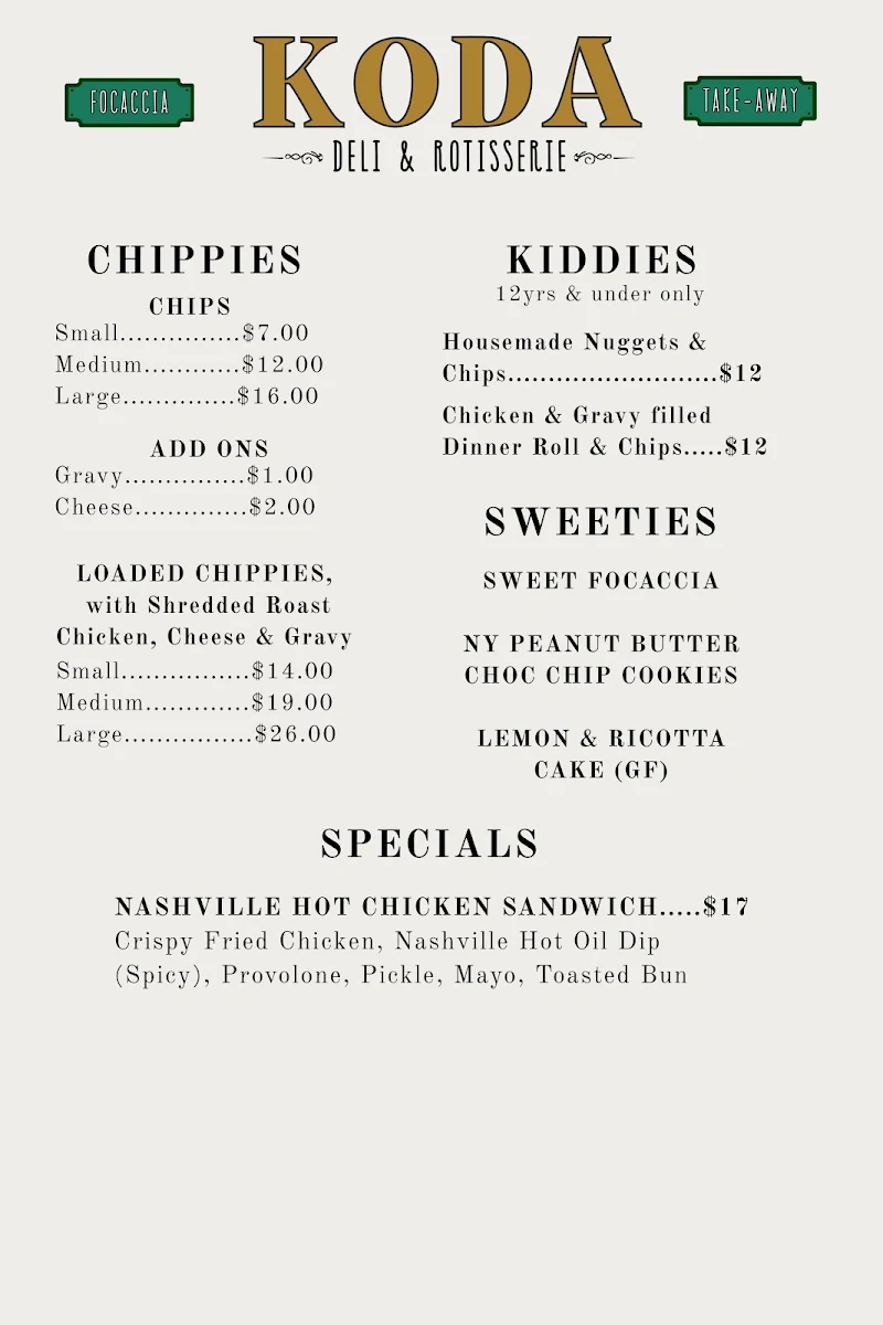 Menu, Koda Deli & Rotisserie
