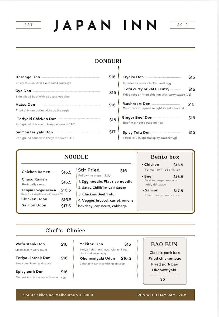 Menu, Japan Inn