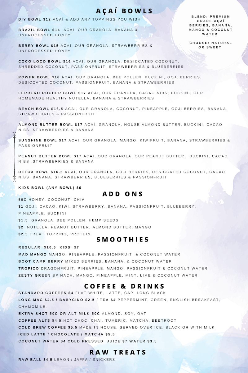 Menu, The Acai Corner