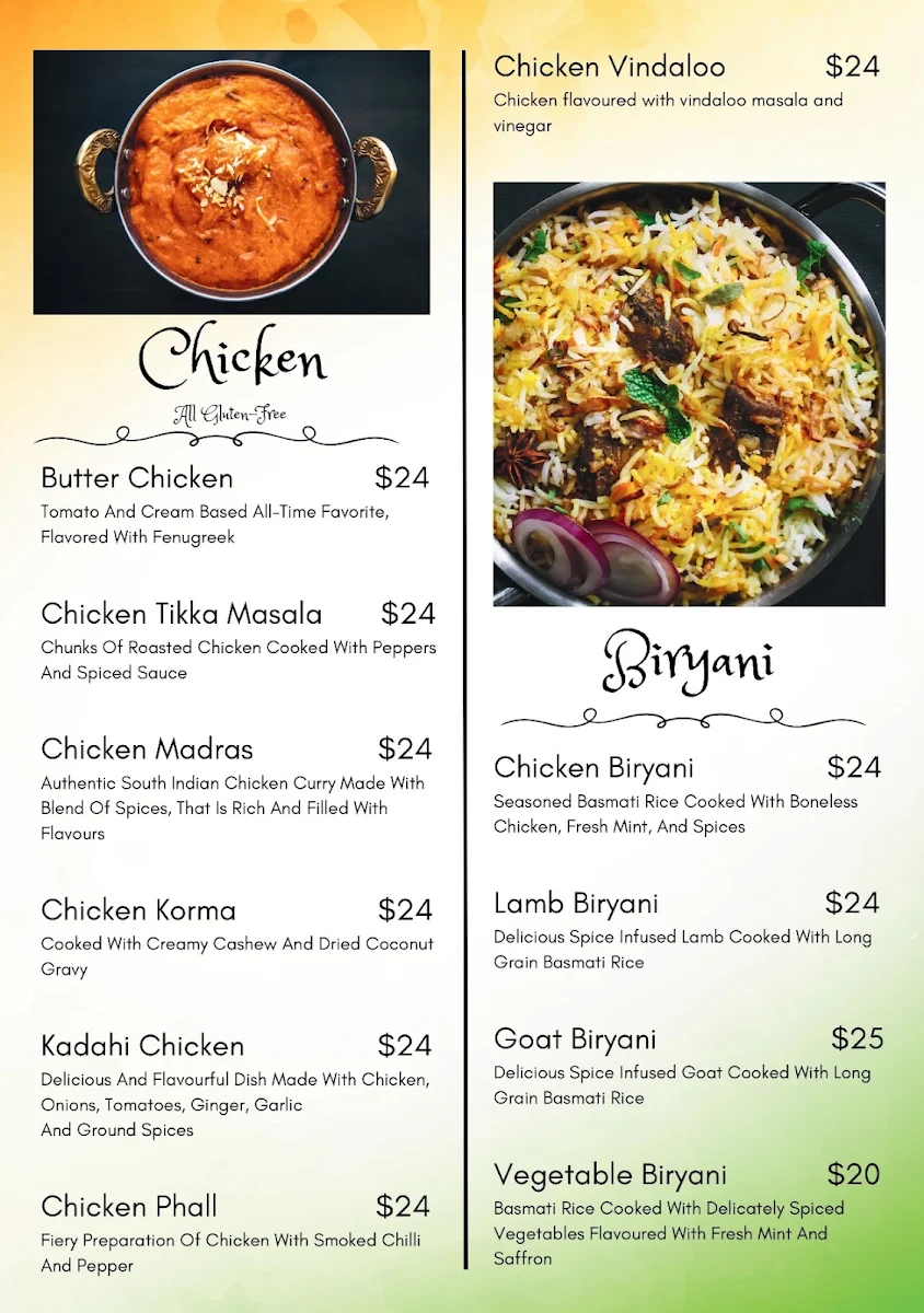 Menu, 2 Fat Indians