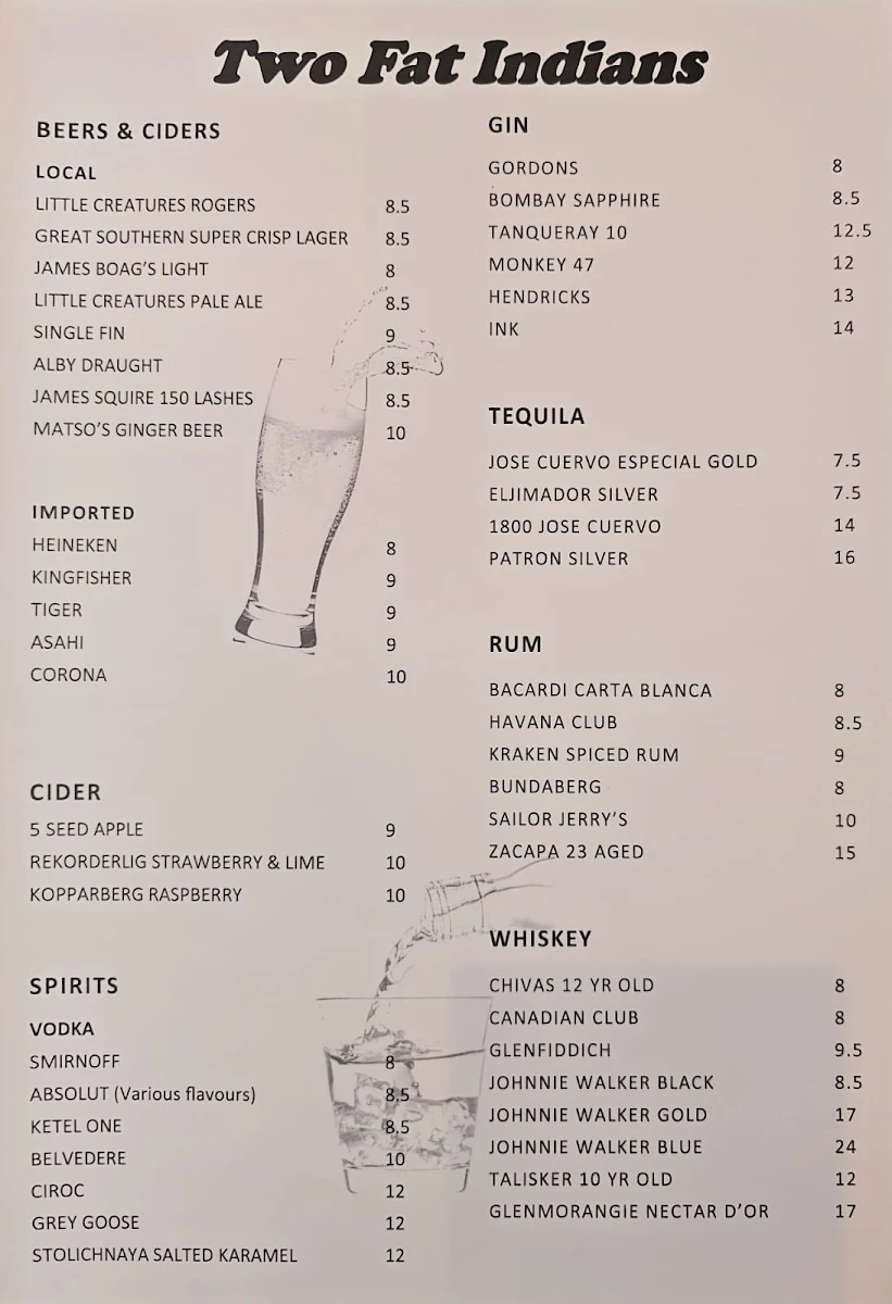 Menu, 2 Fat Indians
