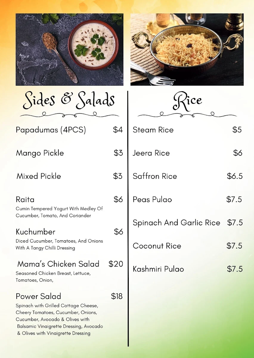 Menu, 2 Fat Indians