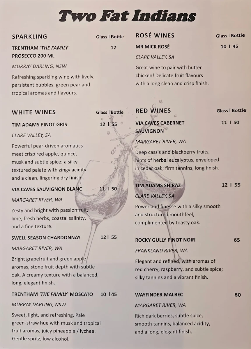 Menu, 2 Fat Indians