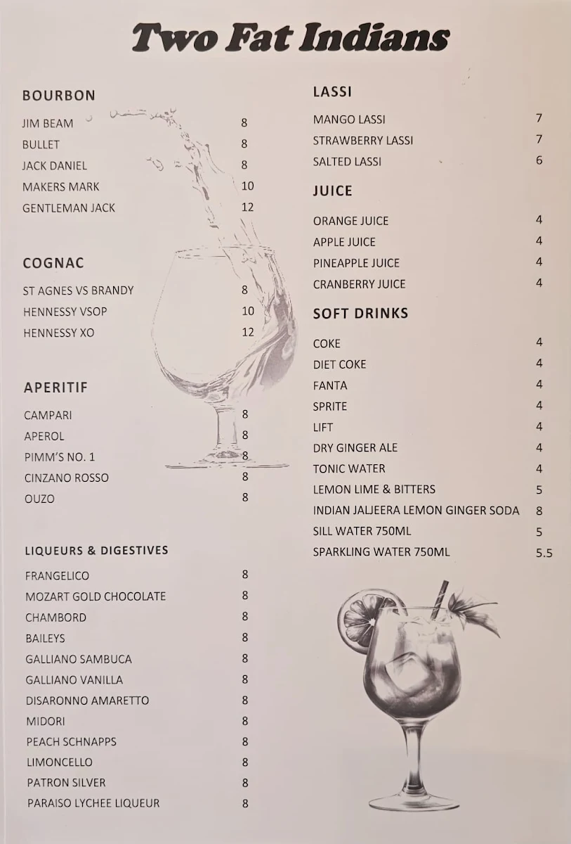 Menu, 2 Fat Indians