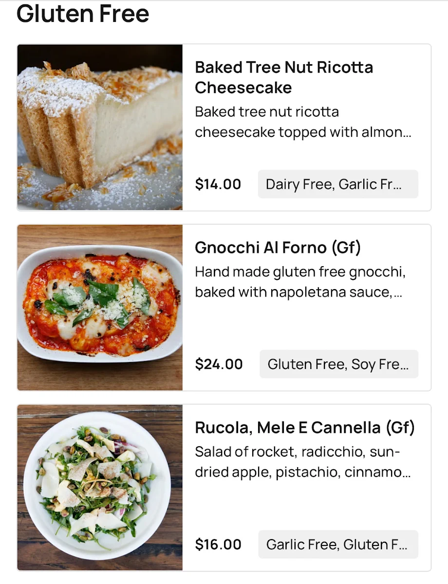 Menu, Gigi Pizzeria