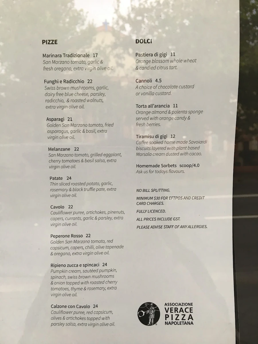 Menu, Gigi Pizzeria