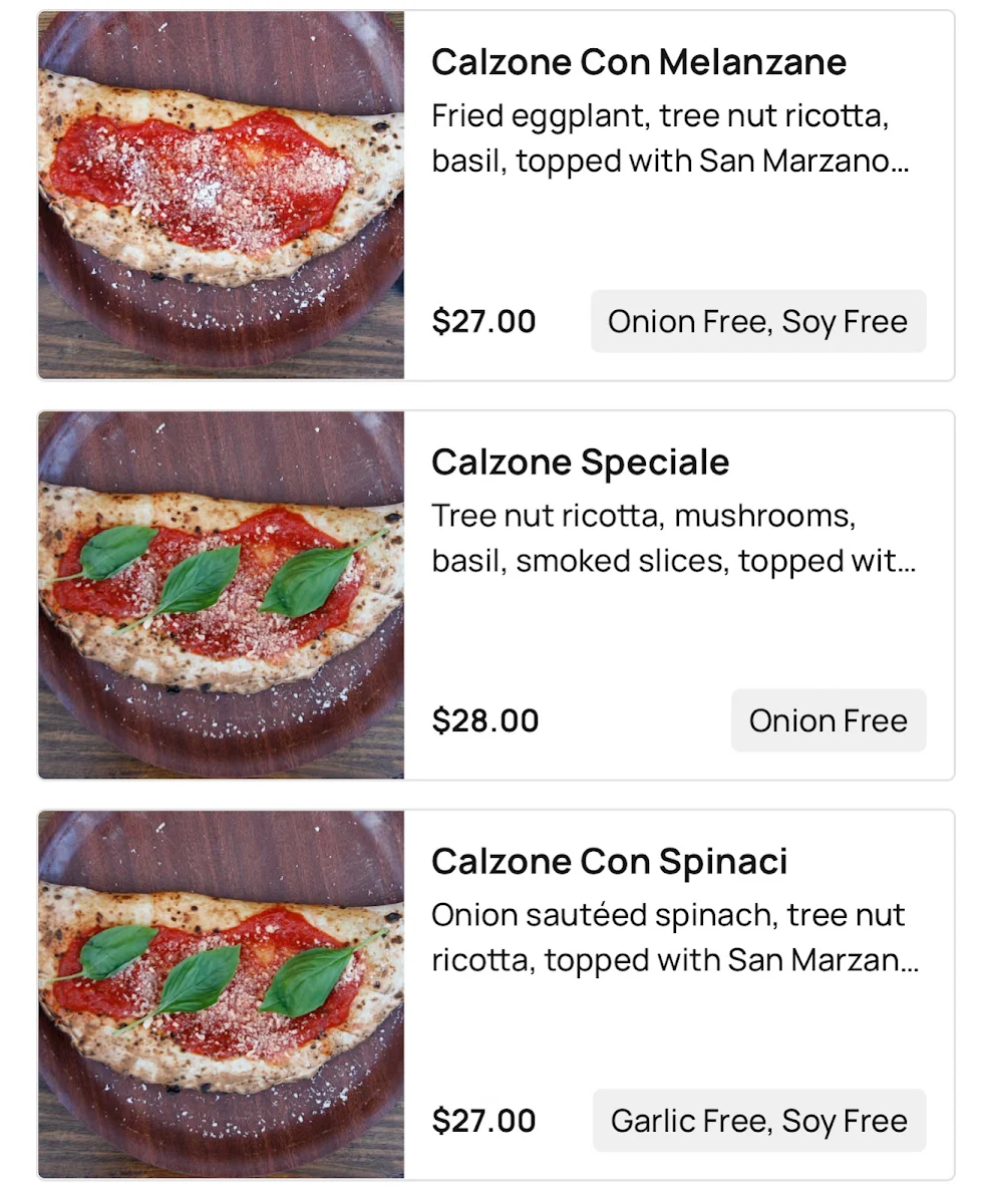 Menu, Gigi Pizzeria