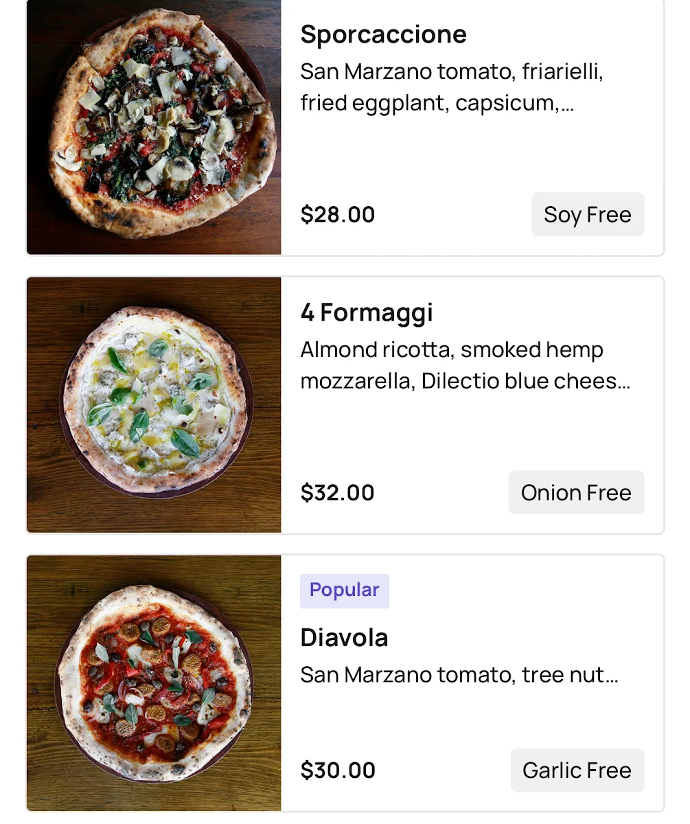 Menu, Gigi Pizzeria