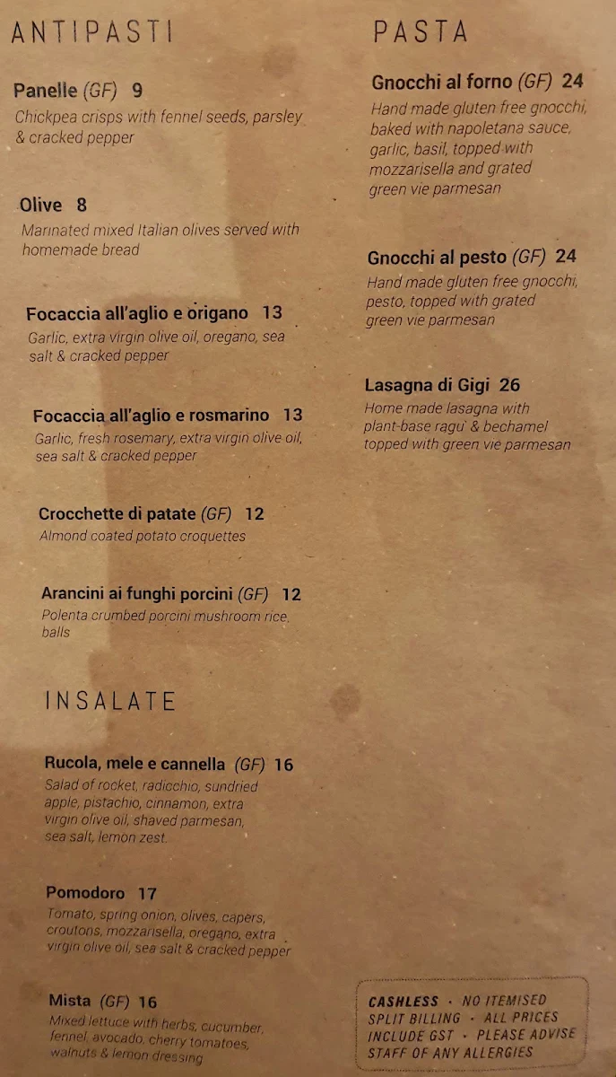 Menu, Gigi Pizzeria