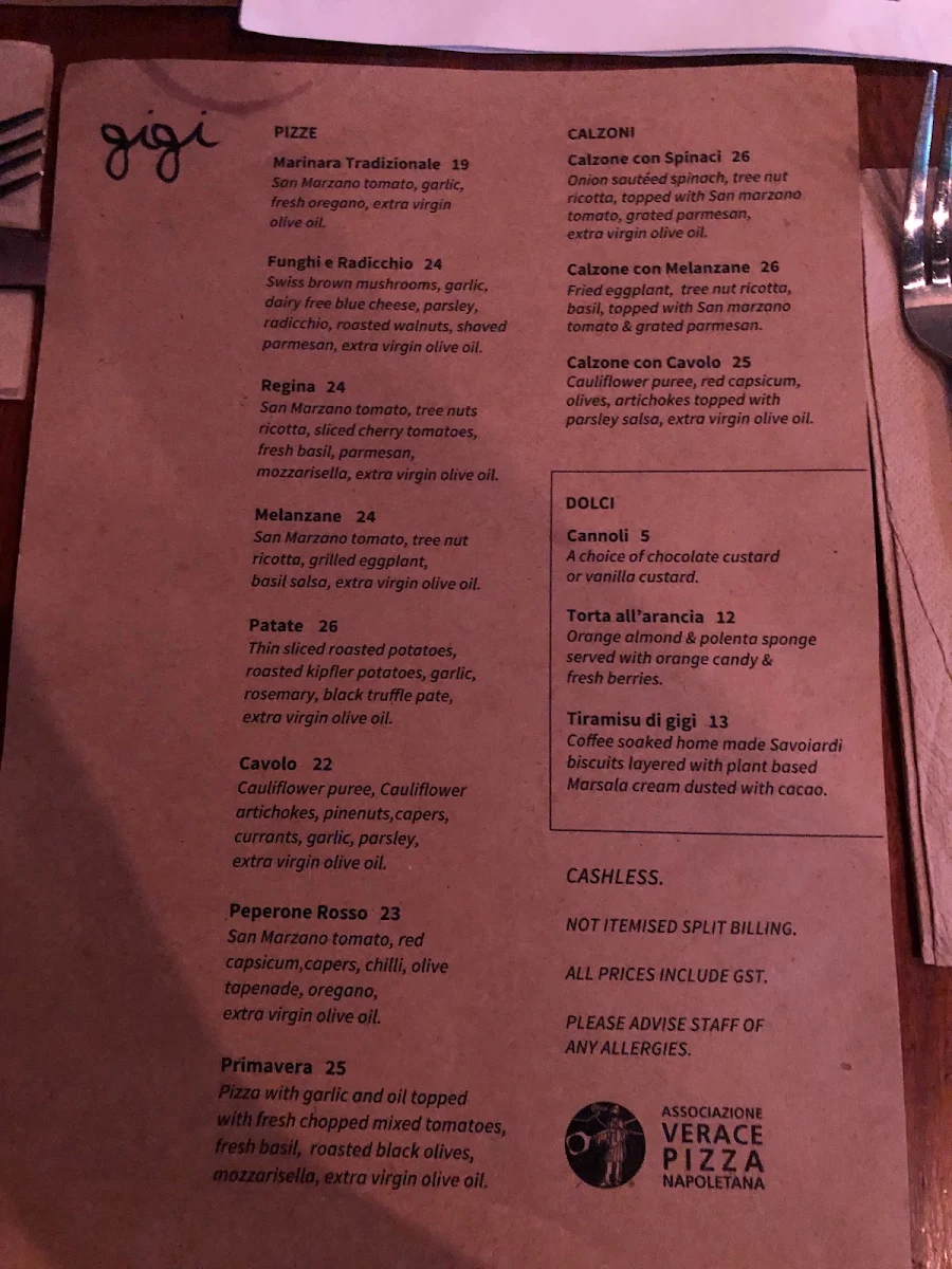 Menu, Gigi Pizzeria