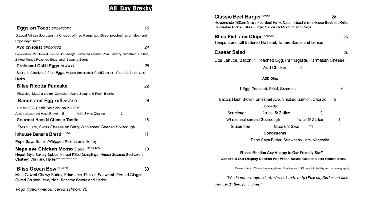 Menu, Valley Bliss Eatery