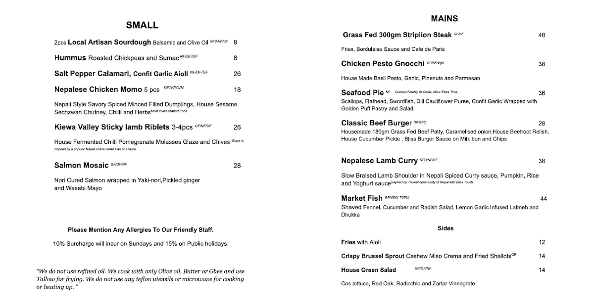 Menu, Valley Bliss Eatery