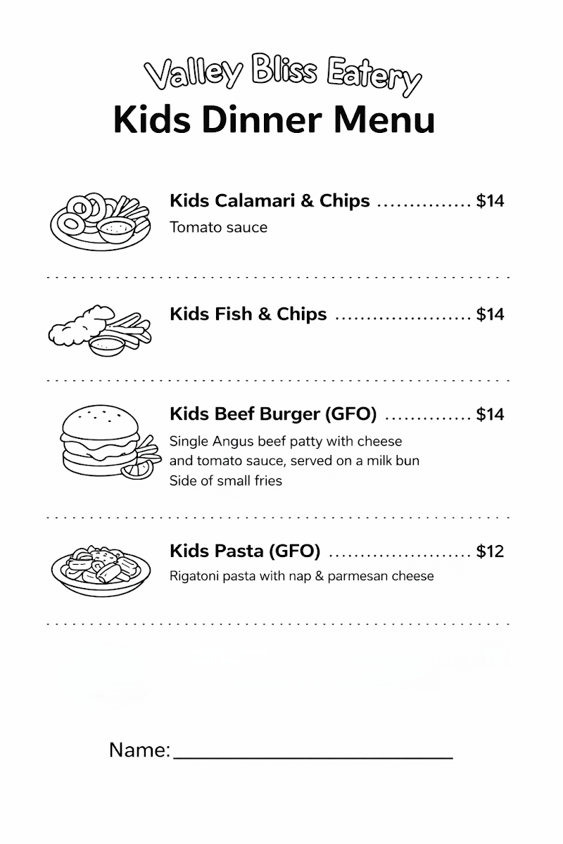 Menu, Valley Bliss Eatery