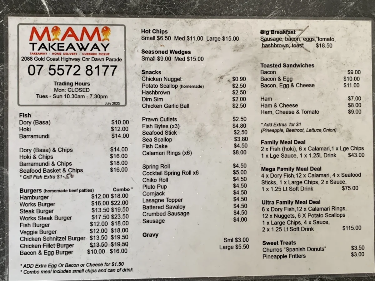 Menu, Miami Takeaway