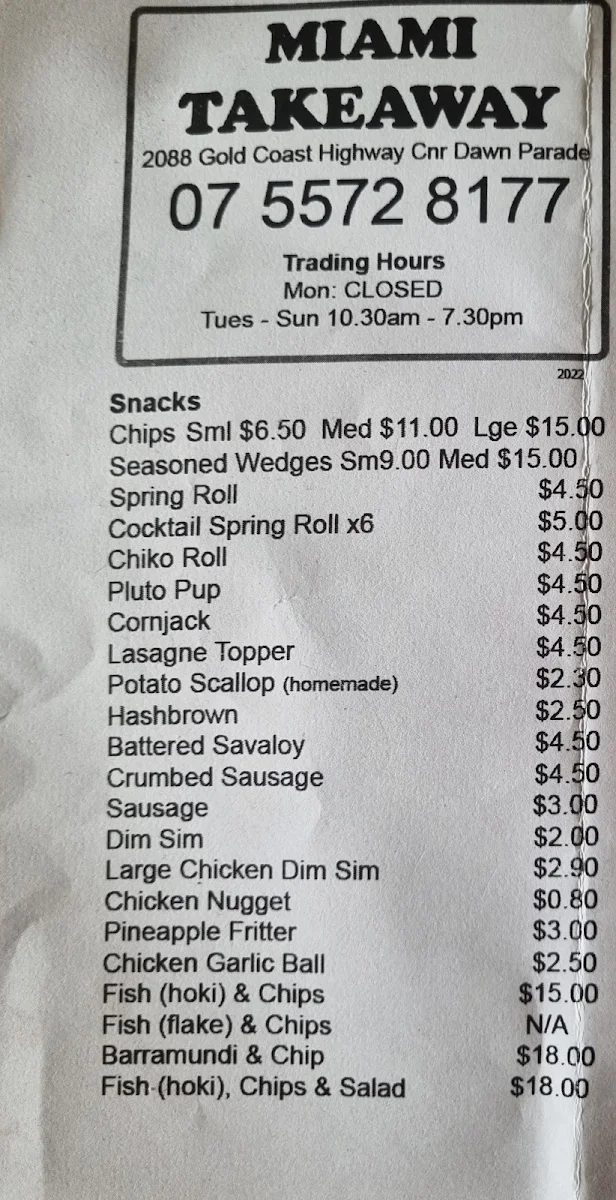 Menu, Miami Takeaway